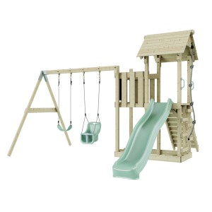 PolarPlay Babyschaukel Uppsala mintgrün mit Spielturm und Rutsche.
