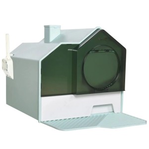 PawHut Katzentoilette im Hütten-Design, hellblau mit dunkler Tür, herausnehmbarer Bodenwanne, Schaufel und Abtropfmatte.