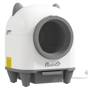 PawHut automatisches Katzenklo, weiß-grau, aus Kunststoff, mit runder Öffnung und Katzenohren-Design.