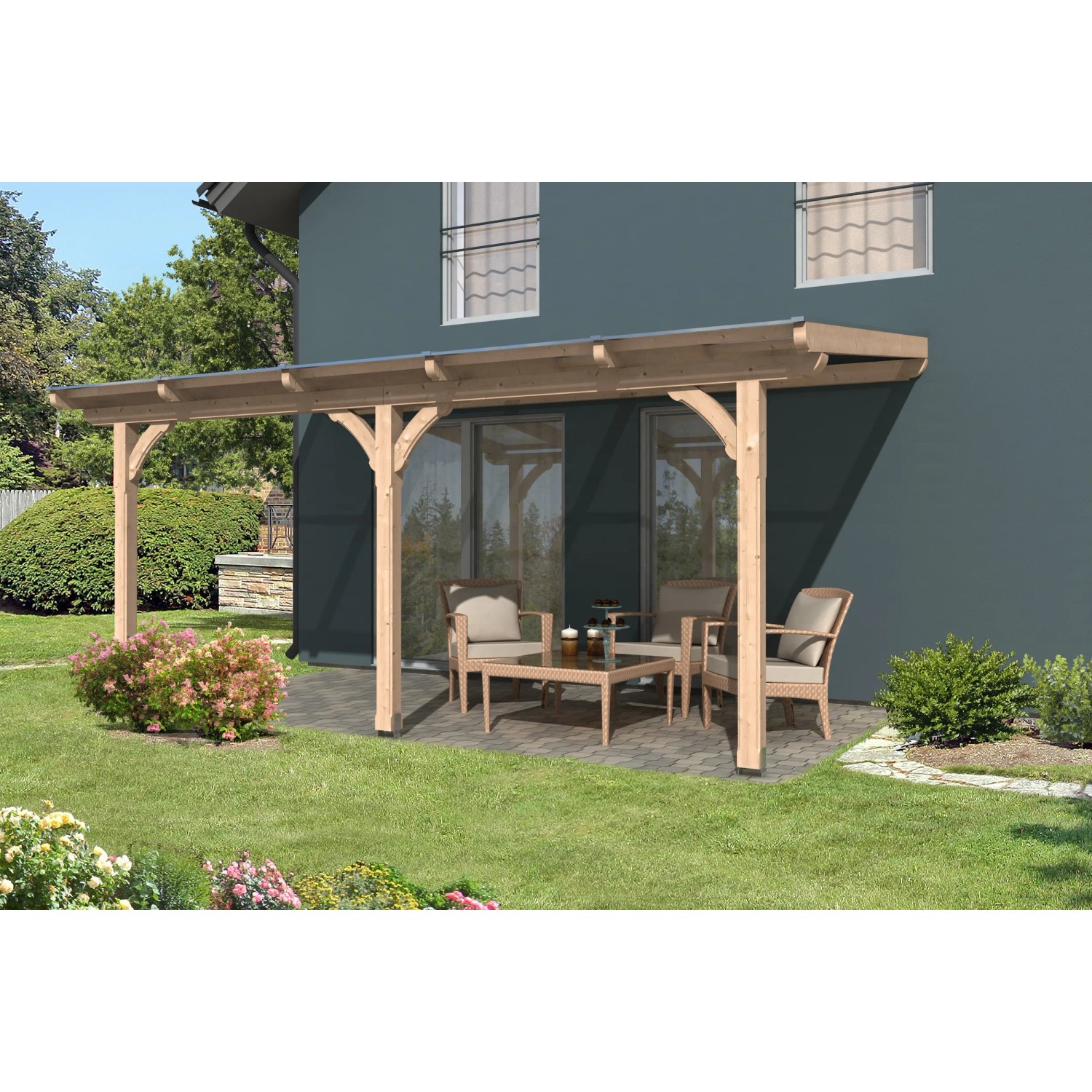 Skan Holz Terrassenüberdachung Rimini aus Douglasie mit Doppelstegplatten, 541x250 cm.