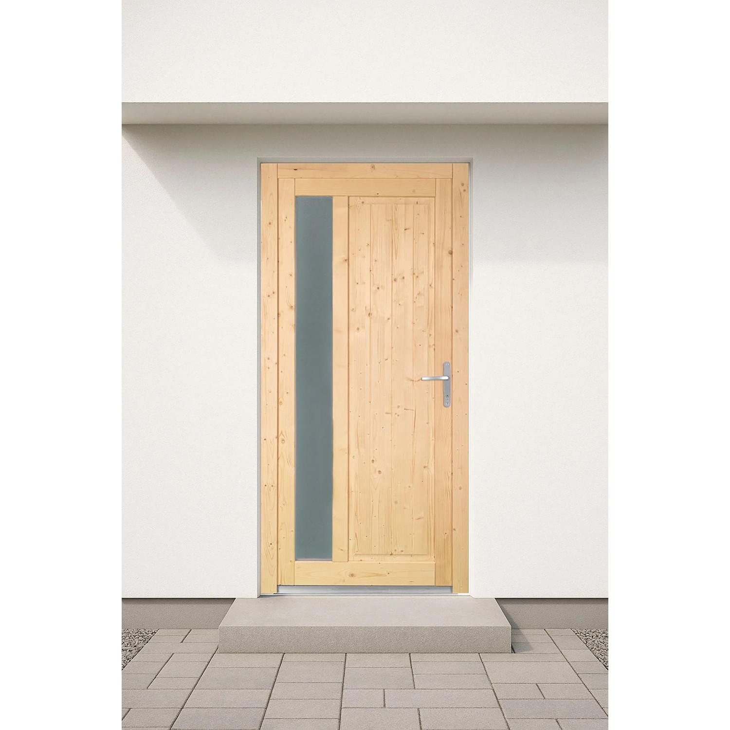 Unbehandelte Panto Nebeneingangstür NET 510 aus Holz mit Lichtausschnitt und Ornamentglas