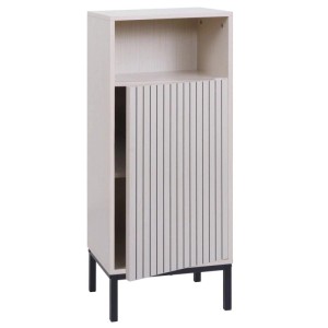 Beige Kommode O42 in Holzoptik mit einer Tür und offenen Fach auf schwarzen Füßen.