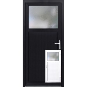 Nebeneingangstür Kunststoff, weiß/anthrazit mit Glaseinsatz, Anschlag rechts.