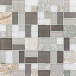 Mosaikmatte Quarzit & Glas in Beige, Schwarz und Grau, 30x30 cm. Ideal für Wandakzente.