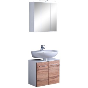 Held Möbel Molina Badmöbel-Set, 2-teilig, Wotaneiche/Weiß: Unterbecken und Spiegelschrank.