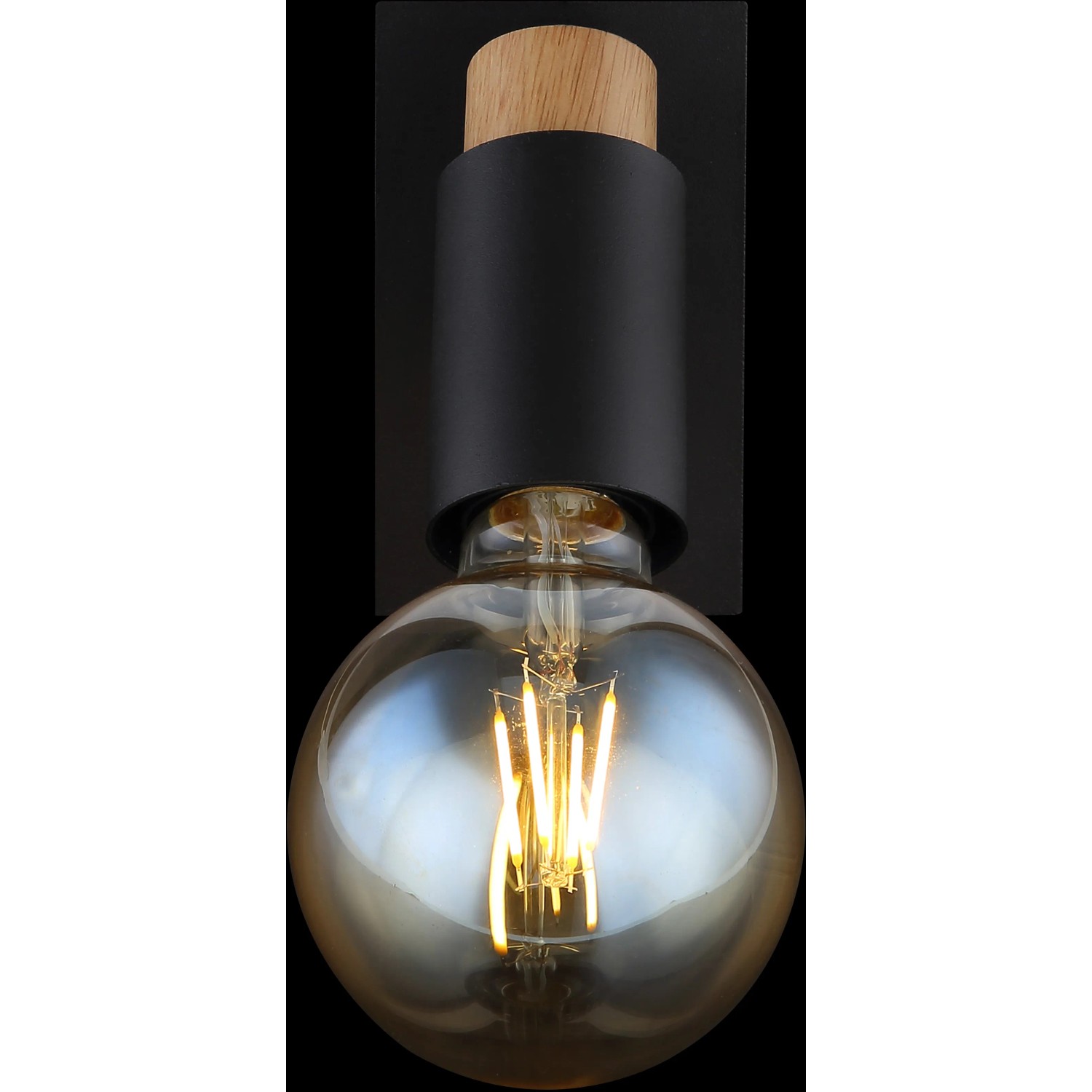 Schwarzer Globo Strahler Matti, 1-flammig, mit Holzapplikation. Moderner Spot für E27 Leuchtmittel.