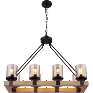 Schwarze, 8-flammige Globo Pendelleuchte mit Rauchglas-Schirmen und Holzrahmen.