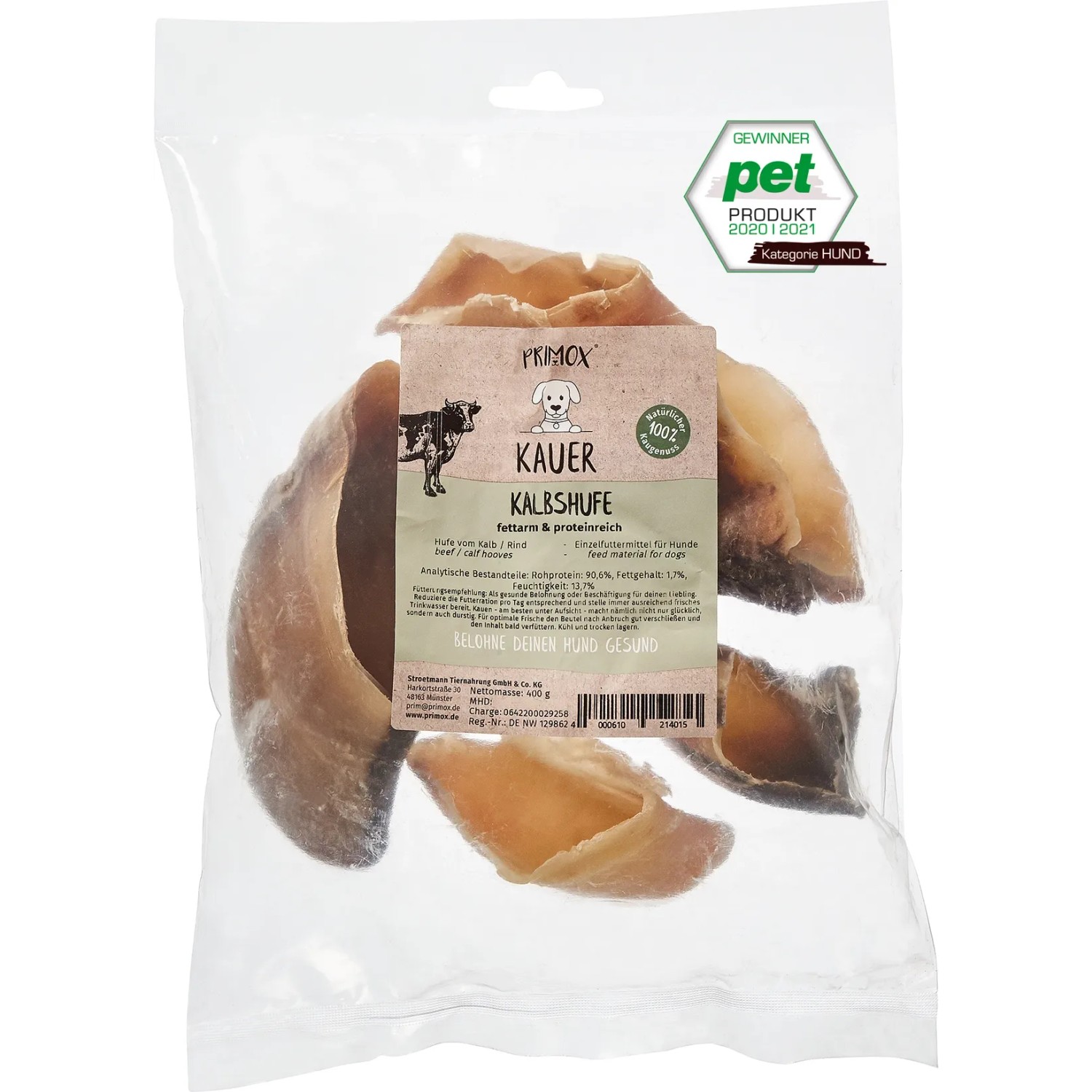 Primox Kauer Kalbshufe, 10 Stück im Beutel. Natürlicher Hunde-Snack zur Zahnpflege und Beschäftigung.