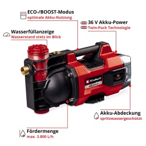 Einhell Akku-Gartenpumpe Aquinna 36/38 F LED, rot/schwarz. Leistungsstarke Elektro-Pumpe für Gartenbewässerung.