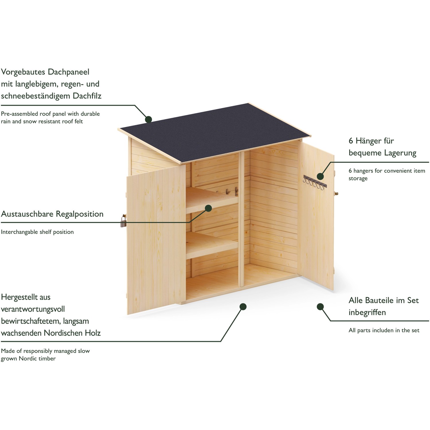 Upyard Garten-Geräteschuppen aus Holz, 150x70 cm, mit Regalen und Haken, gefertigt aus FSC®-zertifiziertem Holz.