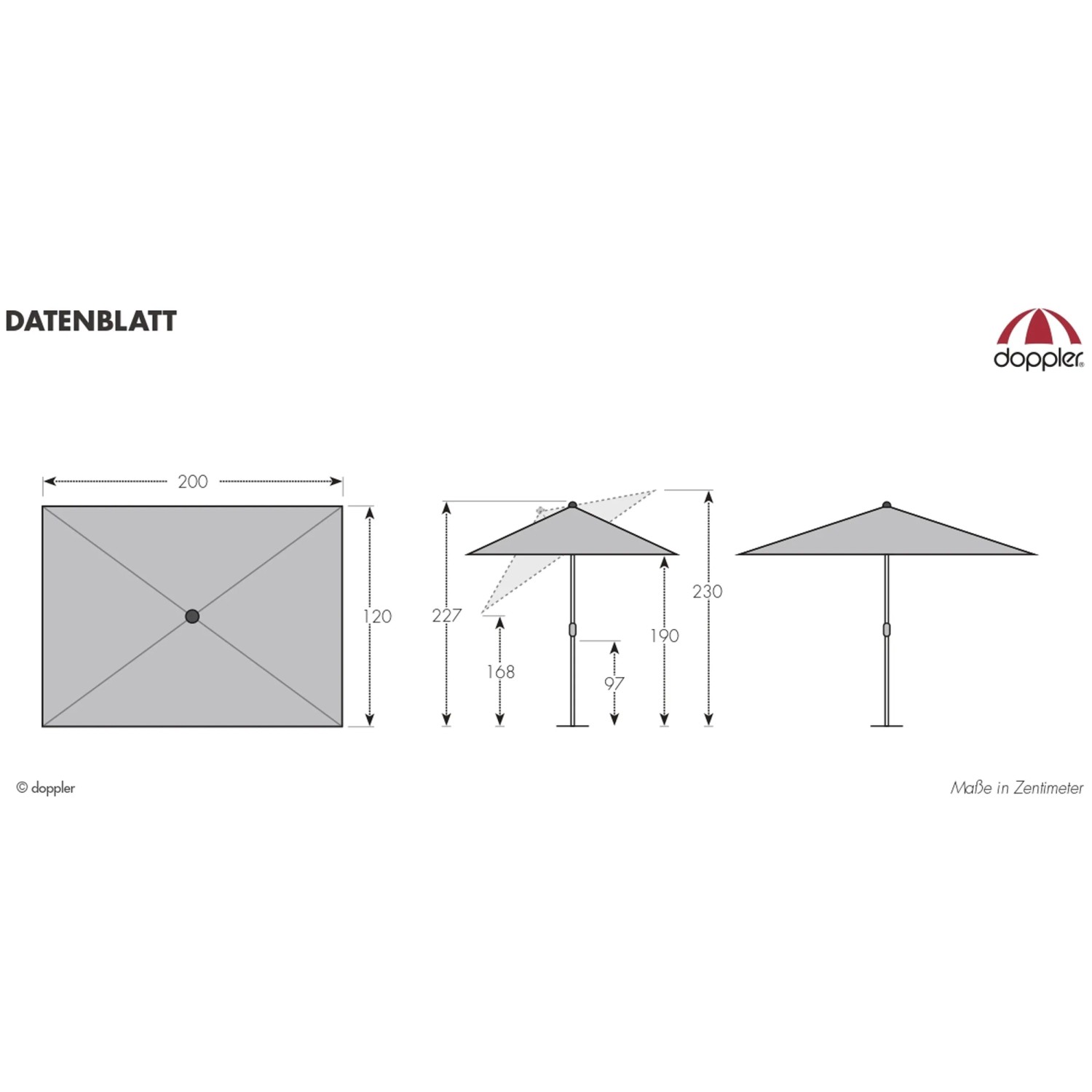 Doppler Marktschirm 120x200 cm Bordeaux: Technische Zeichnung mit Maßen und Details.