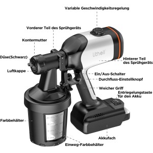 Litheli U20 Akku-Farbsprühgerät mit Akku. Das Sprühgerät ist schwarz-silber mit einem schwarzen Farbbehälter.