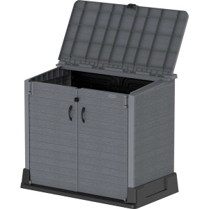 Geöffnete Duramax StoreAway Universalbox (850 l) in Anthrazit. Ideal zur Aufbewahrung im Garten.