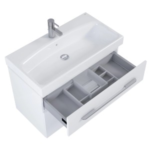 Weißes, eckiges Luna Waschbecken-Set (80 cm) mit offenem Schubfach und praktischer Einteilung.