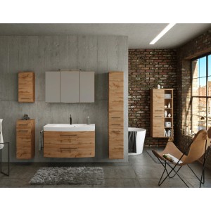 Held Möbel Waschtisch-Set Florenz, 100 cm, Wotaneiche, mit Spiegelschrank und Unterschrank im modernen Badezimmer.