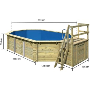 Karibu Holzpool Set mit Sonnenterrasse, Filteranlage und Skimmer. Detailansicht mit Maßen.