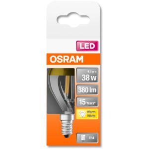 Osram LED-Lampe E14 Tropfenform, 4W, warmweiß, 380lm, 8,4x4,5cm. Energiesparendes Leuchtmittel für Wohnräume.