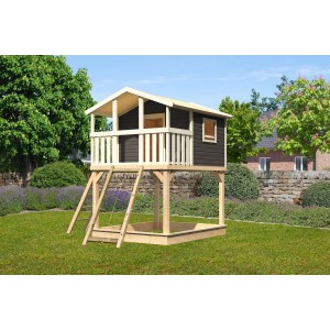 Karibu Stelzenhaus Benjamin mit Netzrampe und Sandkasten, terragrau.
