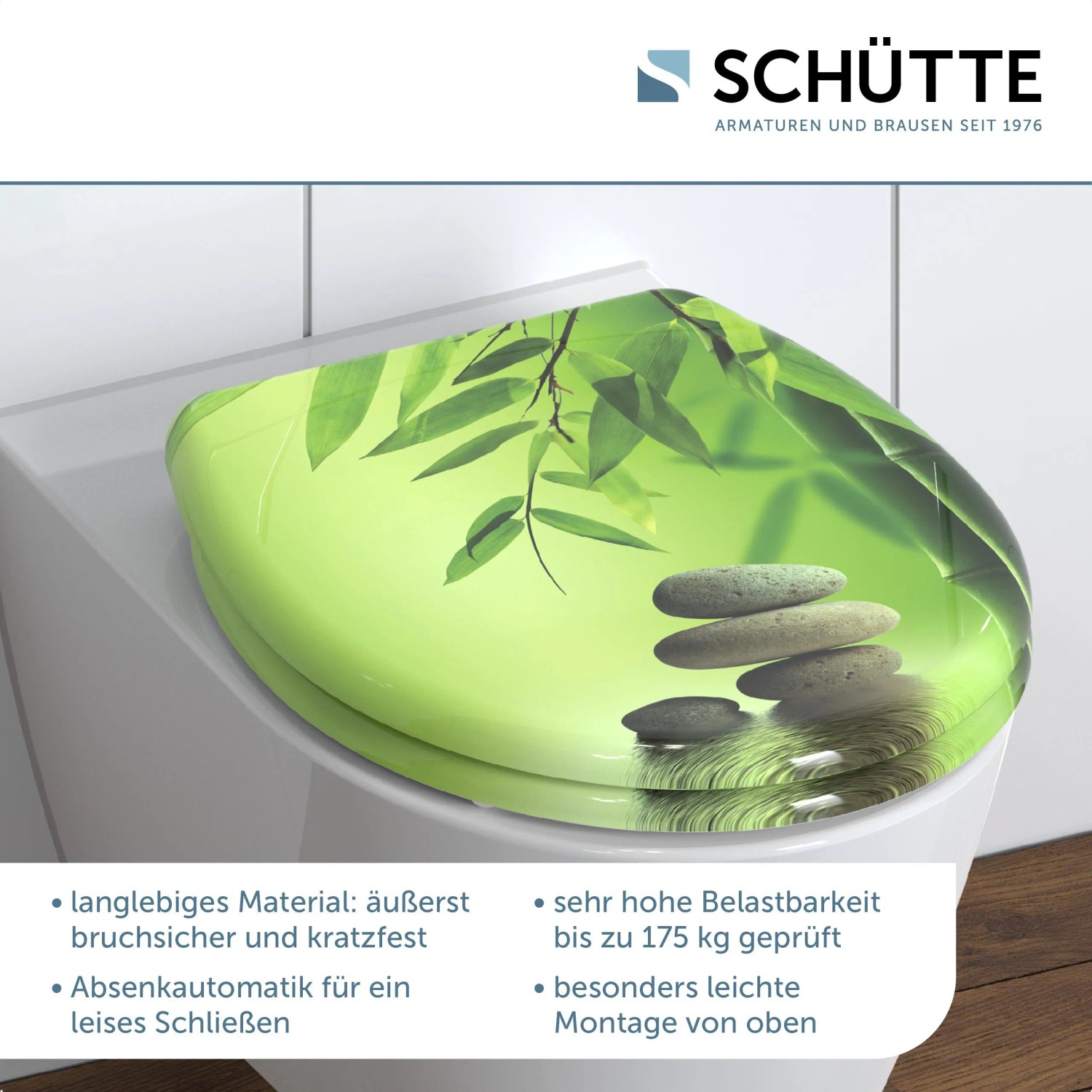 Schütte WC-Sitz Green Garden mit Absenkautomatik und Motivdruck auf einem weißen WC.