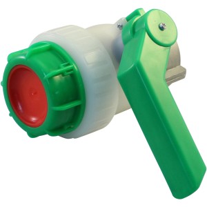 Kugelhahn 62mm für IBC Tank, Detailaufnahme mit grünem Griff und rotem Innenteil.