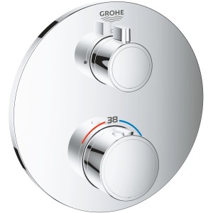 Grohe Grohtherm Thermostat-Brausebatterie in Chrom mit zwei runden Bedienelementen.