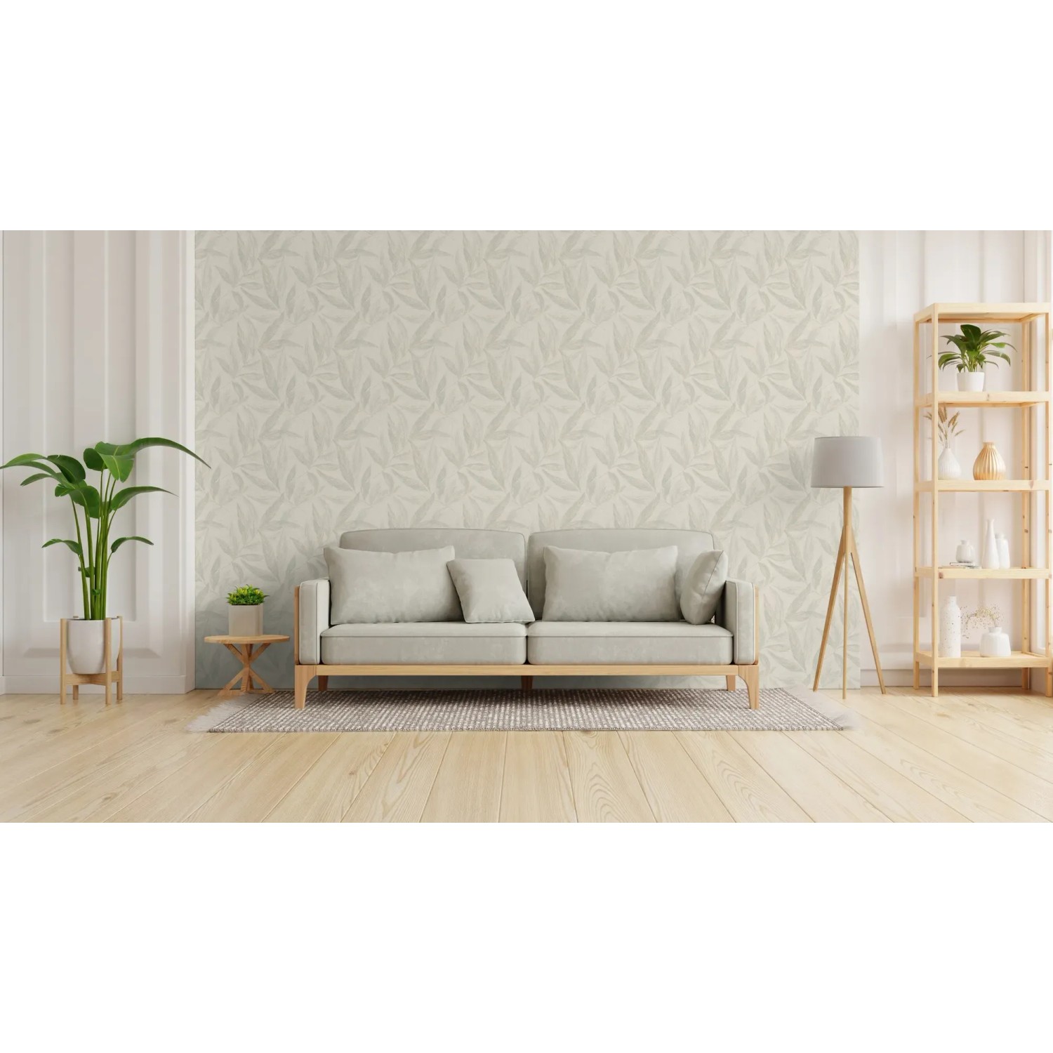 Wohnraum mit AS Creation Vliestapete Natur Blätter in Weiß-Blau.