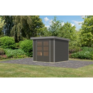 Karibu Gartenhaus Diego 3 in Terragrau/Graualuminium mit Doppeltür und Kunstglasfenstern.