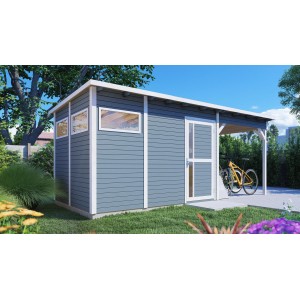 Graues Bertilo Gartenhaus Pentus 3 Lounge mit Anbau und Fahrrad im Garten.
