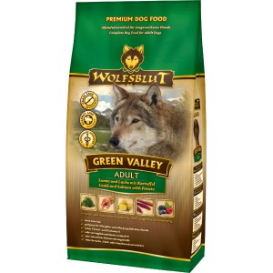 Wolfsblut Green Valley Hunde-Trockenfutter mit Lamm, Lachs und Kartoffel für adulte Hunde.