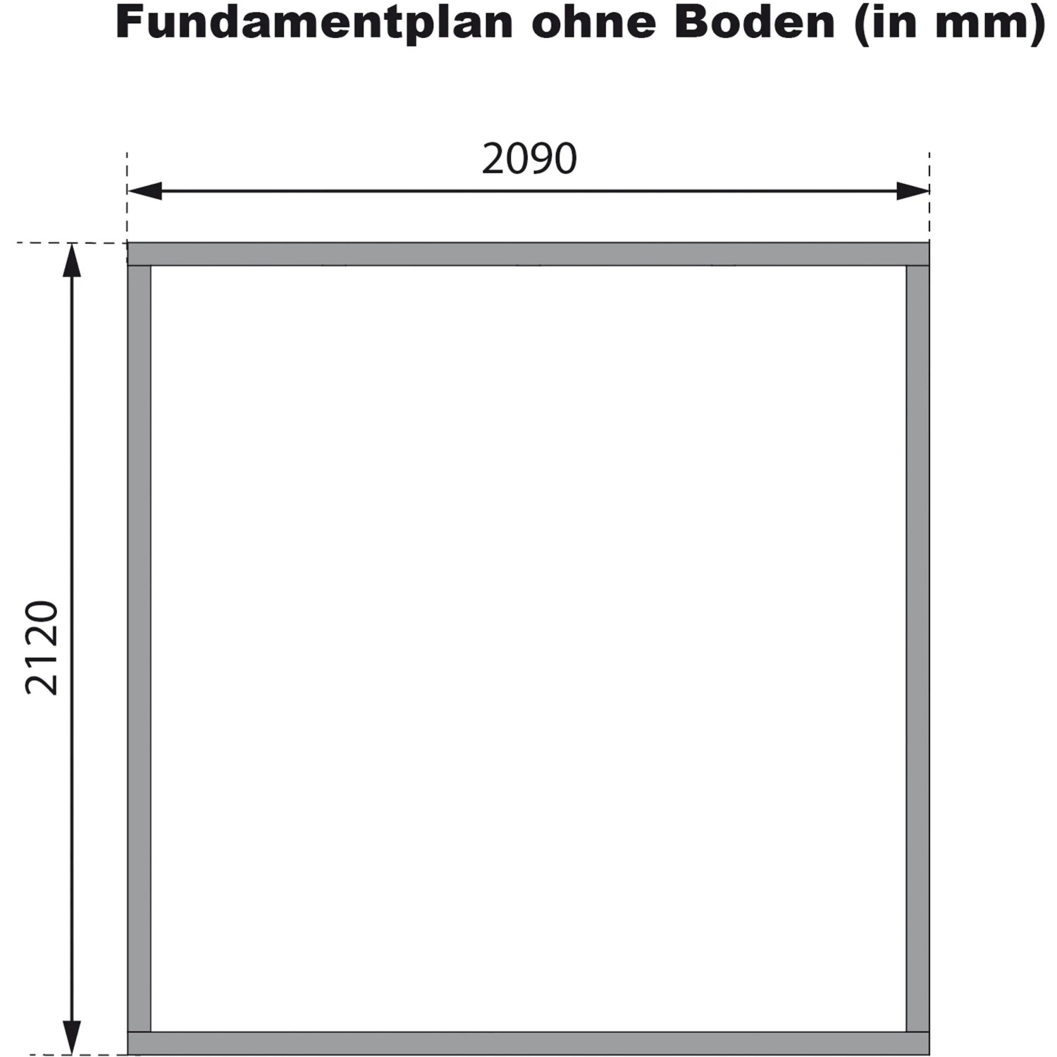 Fundamentplan für Karibu Gartenhaus Set Ernesto A, Maße 2090 x 2120 mm.