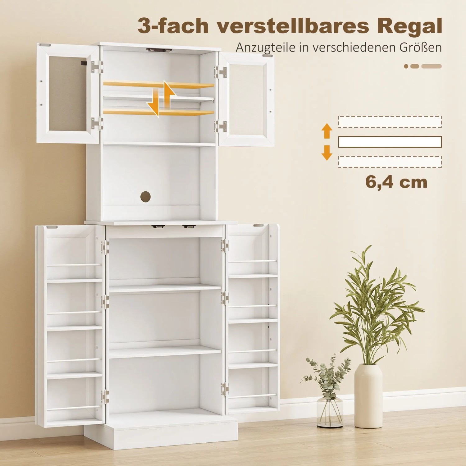 Weißer HOMCOM Küchenschrank mit verstellbaren Regalen, Acryltüren, Arbeitsplatte und praktischen Türablagen.