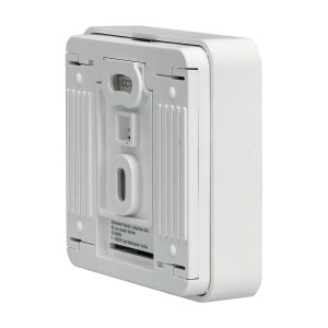 Schneider Electric Wiser Raumthermostat, weiße Rückseite mit Montagevorrichtung.