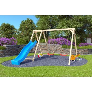 Karibu Doppelschaukel Felix mit blauer Rutsche und Klettergerüst im Garten.