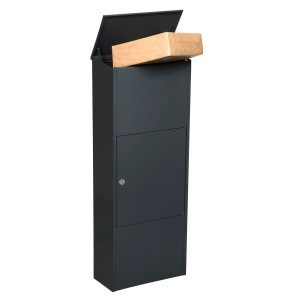 MEFA Paketkasten Bosca 408 in Anthrazit mit Paket unter geöffneter Klappe.