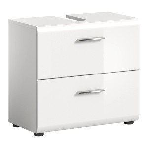 Weißer Waschbeckenunterschrank Ice, 60 cm breit, mit zwei Schubladen und Chromgriffen.