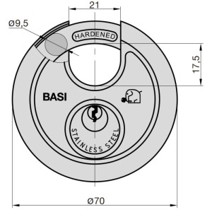 Technische Zeichnung: Basi Rundbügel Vorhangschloss RVS 610, 70mm, Edelstahlgehäuse, Maße