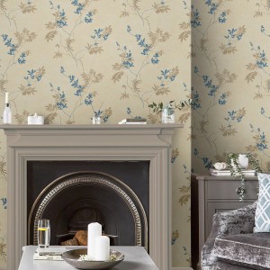 Laura Ashley Vliestapete Mari Gold mit Blattmotiv in Beige und Blau für ein stilvolles Zuhause.