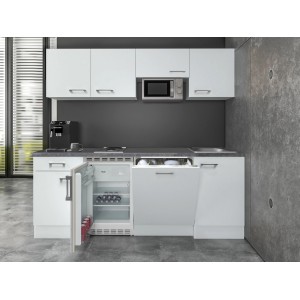 Flex-Well Miniküche Joelina, 210 cm, weiße Singleküche mit E-Geräten wie Kühlschrank und Geschirrspüler.