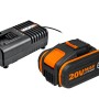 Worx Akku 20V 4,0 Ah mit Ladegerät für Elektrowerkzeuge der PowerShare Plattform.