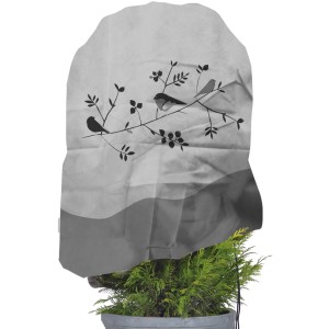Grau-schwarze Videx Garden Vlieshaube 110x110 cm mit Vogelzweig-Motiv als Winterschutz für Pflanzen.