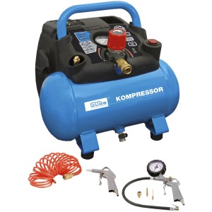 Güde Kompressor Airpower 190/08/6 mit Zubehör wie Reifenfüller und Ausblaspistole.