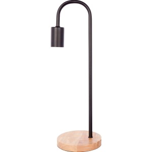 Schwarze Tischleuchte Vinara mit Holzfuß, geeignet für Nachttisch oder Schreibtisch.