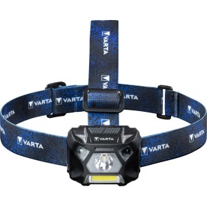 Varta LED-Kopflampe Work Flex H20 mit Bewegungssensor und blauem Stirnband.