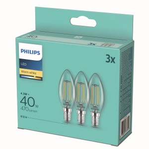 Philips E14 LED-Leuchtmittel Kerzenform, 4,3W, 3er-Set. Warmweißes Licht für Wohnräume.