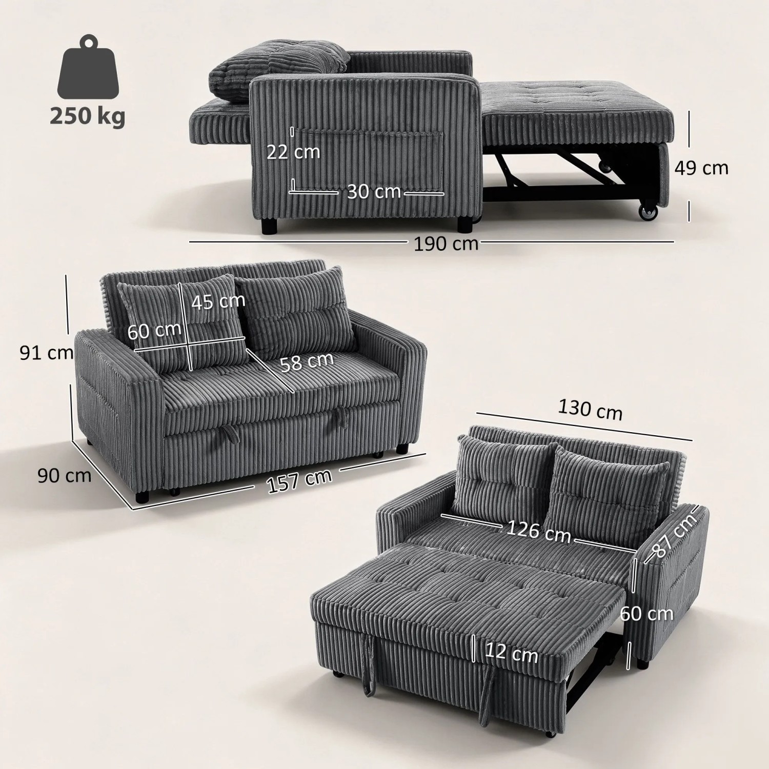 Dunkelgraues HOMCOM Schlafsofa aus Cordstoff, als 2-Sitzer Sofa, Sessel und ausziehbares Bett. Mit Kissen, Stahlgestell.
