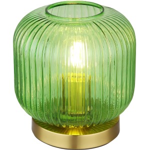 Globo Tischlampe Normy mit grünem Glasschirm und goldfarbenem Metallsockel.