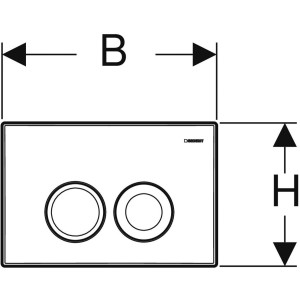 Geberit Delta25 Betätigungsplatte, weiß, mit Maßangaben für Höhe (H) und Breite (B).