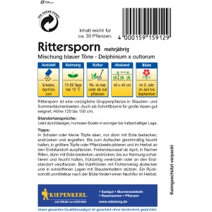 Kiepenkerl Rittersporn Mischung, mehrfarbig. Blumensamen-Packung mit Infos zu Aussaat, Pflege und Blüte.