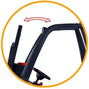 Detailaufnahme: Verstellbarer Fahrersitz des BIG Linde Gabelstapler Tretautos.