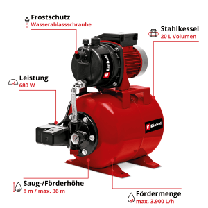 Einhell Hauswasserwerk GC-WW 6839, rote Gartenpumpe mit Stahlkessel und 680 Watt Leistung.